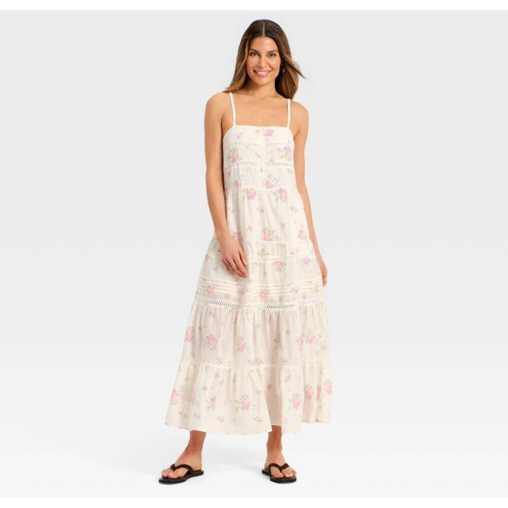 Women's Universal Thread Sleeveless Lace Maxi A-Line Dress Cream Floral XS